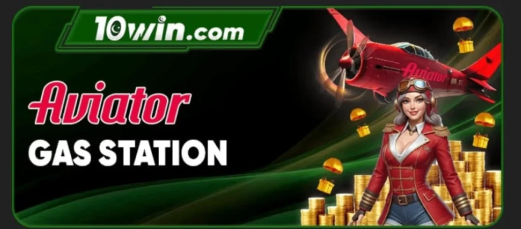 10Win Game 5 10Win Aviator Gas Station promotional banner featuring red airplane, female pilot character, and gold coins
