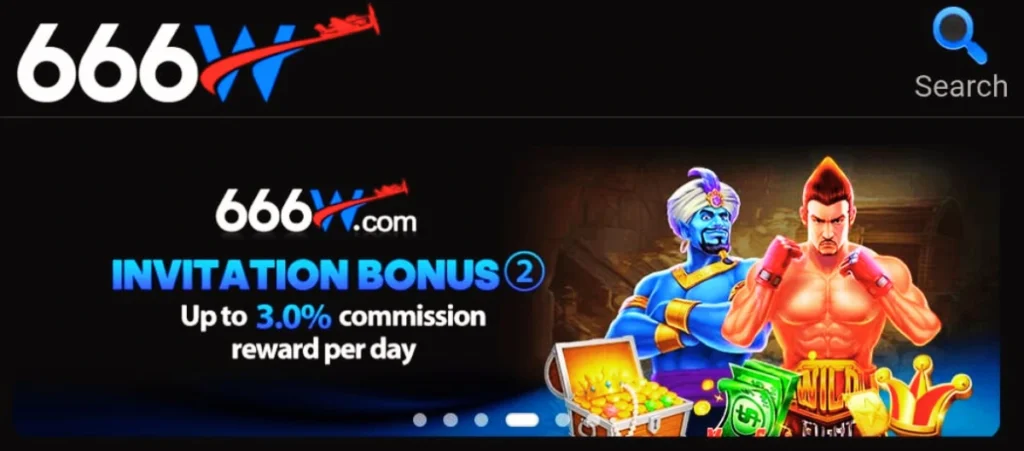 666W Game 6 666W Game invitation bonus promotion showing referral commission rewards up to 3 percent per day