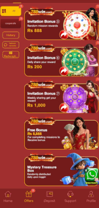 966 PK Game 7 788Win offers page with invitation bonus, free bonus, and mystery treasure rewards