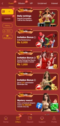 966 PK Game 5 788Win promotions page showing daily rankings, invitation bonus, and rewards offers