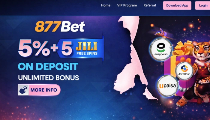 877Bet Game 5 877Bet promotional banner showing a 5% deposit bonus with 5 JILI free spins, featuring a tiger mascot and Easypaisa, JazzCash, and Upaisa payment options.