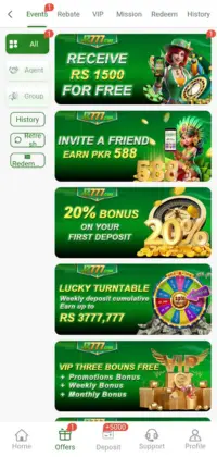 JZ777 Game 4 JZ77Game promotions screen showing receive Rs1500 free bonus, invite friend reward Rs588, 20% first deposit bonus, lucky turntable rewards, and VIP bonuses.