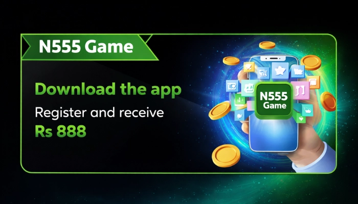 N555 Game 5 A dark-themed promotional banner for a mobile gaming app showing a smartphone with glowing app icons and floating coins, alongside bold text encouraging users to download the app and register for rewards.
