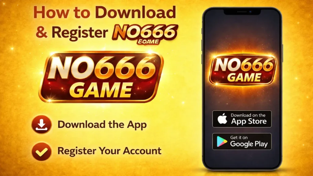 NO666 Game 6 How to download and register NO666 Game showing the NO666 Game logo with a smartphone displaying App Store and Google Play download options.