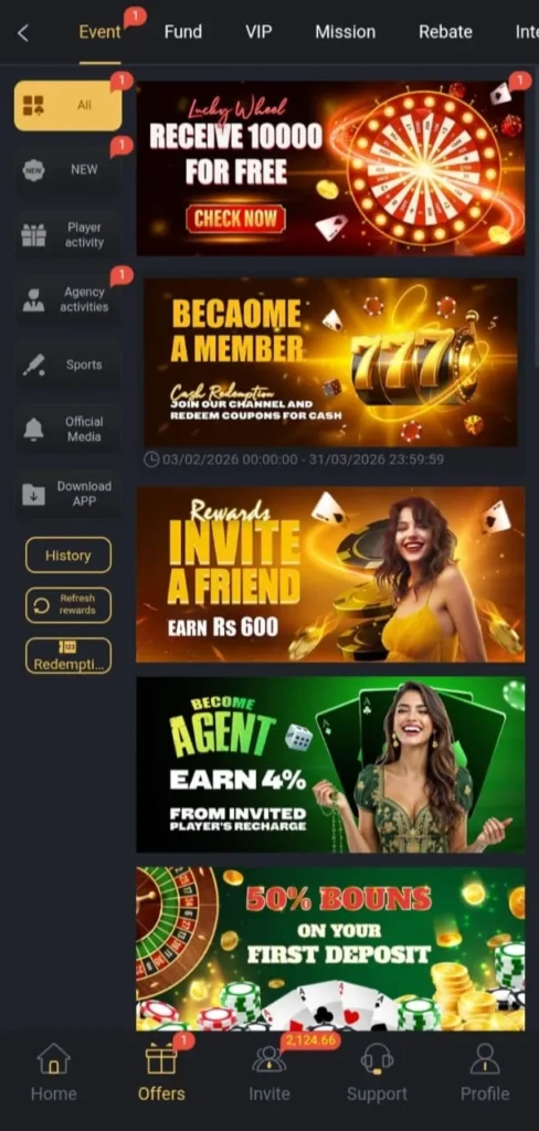PK777 Game 5 PK777 Game bonus offers screen showing deposit bonus, invite rewards and VIP promotions