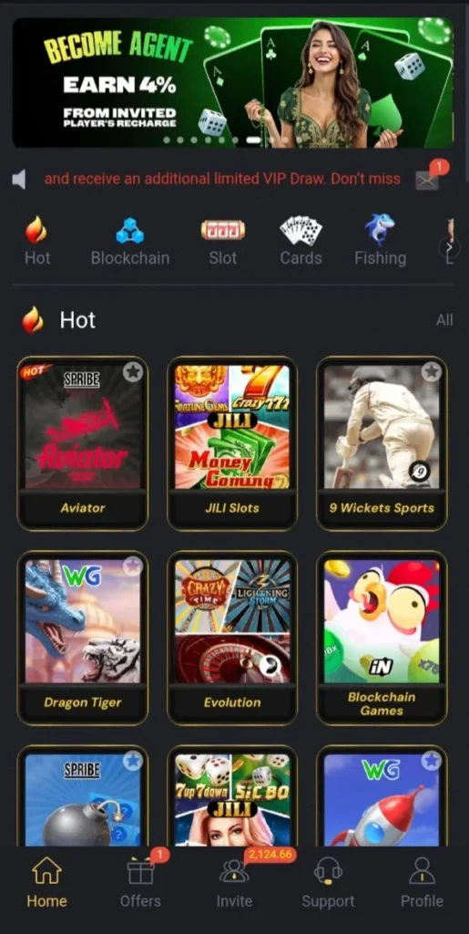 PK777 Game 7 PK777 Game interface showing Aviator, Dragon Tiger, JILI slots and blockchain games