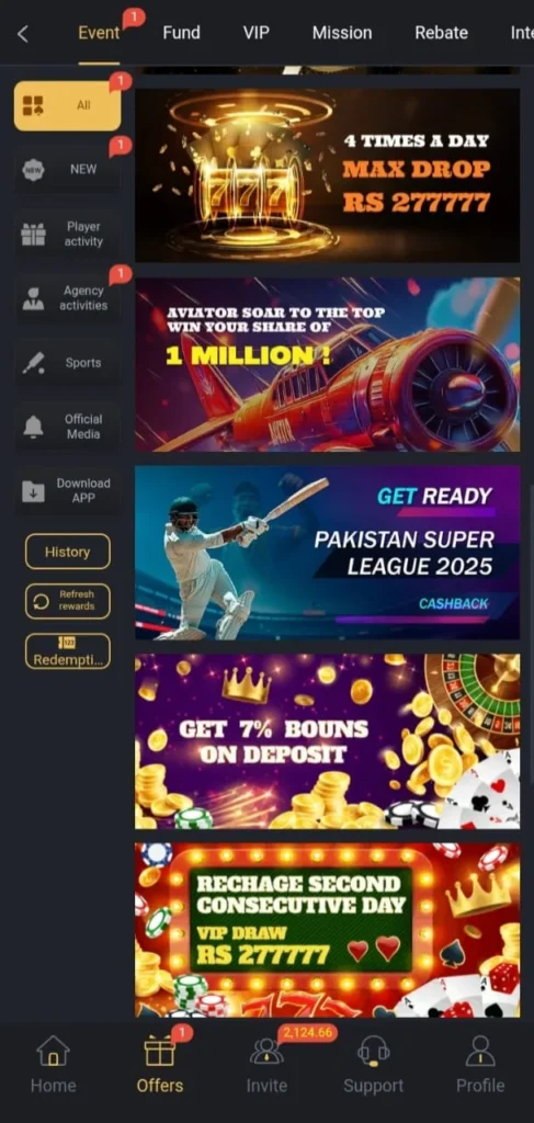 PK777 Game 6 PK777 Game events screen showing max drop rewards, Aviator promotion and PSL cashback event
