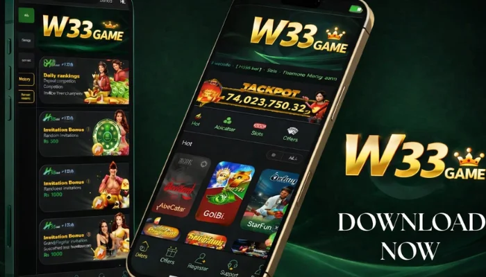 W33 Game 5 W33 Game mobile app interface showing casino games, jackpot screen, and multiple gaming categories on a smartphone display.