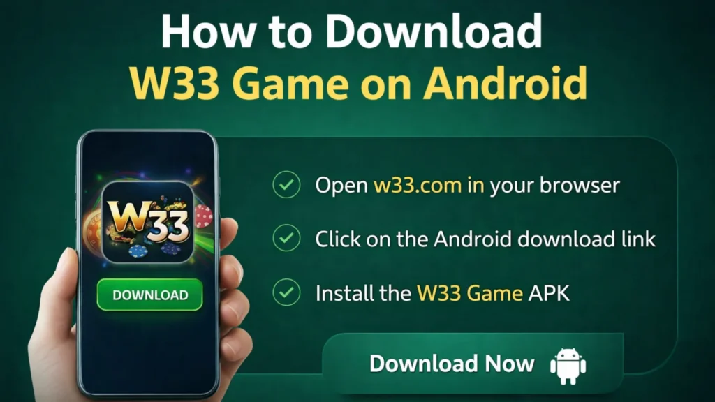 W33 Game 6 How to Download W33 Game on Android guide displayed on a dark green background, showing a smartphone with the W33 app icon and a download button, along with step-by-step instructions.
