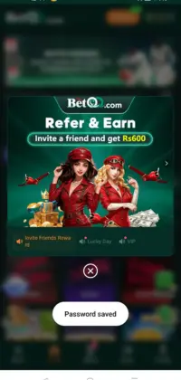 BetQQ Game 5 BetQQ app Refer & Earn screen showing two promotional characters inviting users to invite friends and receive Rs600 reward.