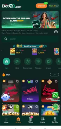 BetQQ Game 7 BetQQ mobile app home screen showing different game categories like slots, fishing, blockchain, and popular games such as Aviator.