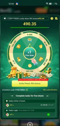 BetQQ Game 6 BetQQ game lucky draw screen showing a spinning reward wheel with free draw option and prize amounts.