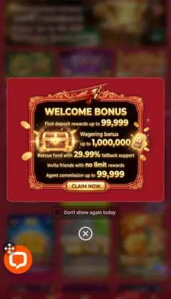 QZ786 Game 7 "Popup promoting a 'Welcome Bonus' offering up to Rs99,999 first deposit rewards, wagering bonus, and other bonuses with a 'Claim Now' button."