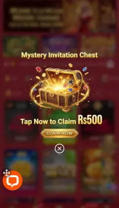 QZ786 Game 6 "Promotion for a 'Mystery Invitation Chest' with a golden chest graphic offering Rs500 and a 'Claim Now' button."