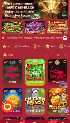 QZ786 Game 5 QZ786 game "Mobile app interface with a casino promotion and various game icons like Aviator, Money Coming, and Chicken Road 2 under the 'Hot' section."