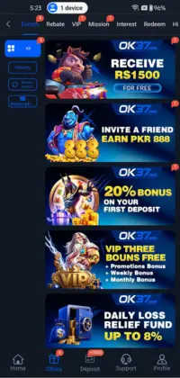 OK37 Game 6 OK37 Game app promotions screen showing bonuses, invite rewards, and daily loss cashback offers