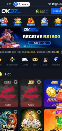 OK37 Game 5 OK37 Game app interface showing wallet balance, deposit button, and multiple casino games like Aviator, Slots, and Fishing